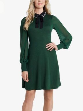 CeCe Green Knit Dress Sz M Black Peter Pan Collar Rhinestones Sheer Long Sleeves